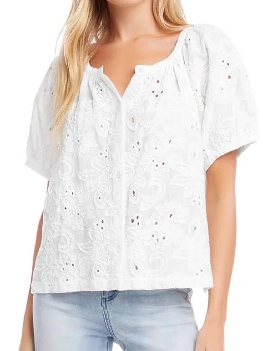 Karen Kane White Eyelet Embroidered Peasant Blouse